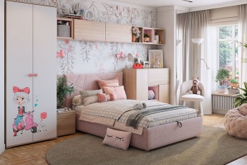 Комплект детской мебели Алина К2 Дуб мария/белый/нежно-розовый велюр в Кабинетном - kabinetnoe.mebel54.com | фото